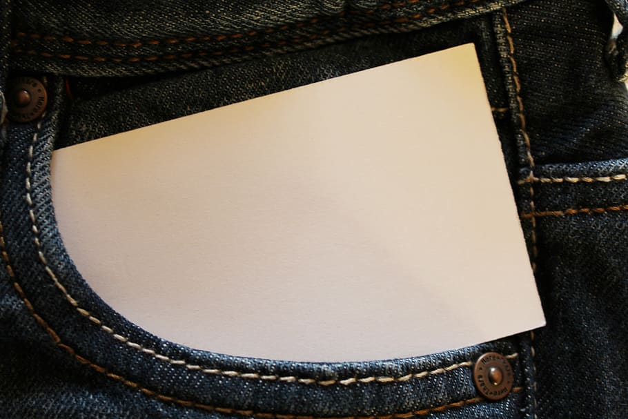 white, card, pocket, jeans, bag, business card, pants, list, stitched, blue