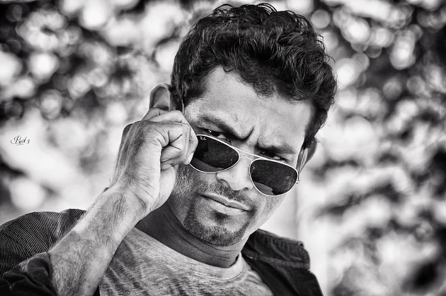 grayscale photography, man, aviator sunglasses, stylish, looking, model, cool, glasses, adult, attractive