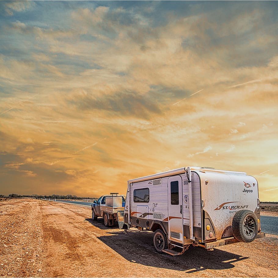 caravana, viagem, acampamento, aventura, veículo, deserto, ao ar livre, recreativo, pôr do sol, fora de estrada