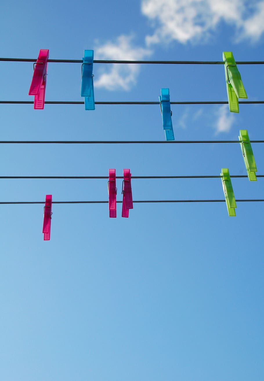 clothes peg, clothesline, rope, air, hang, hanging, clothespin, sky, blue, multi colored
