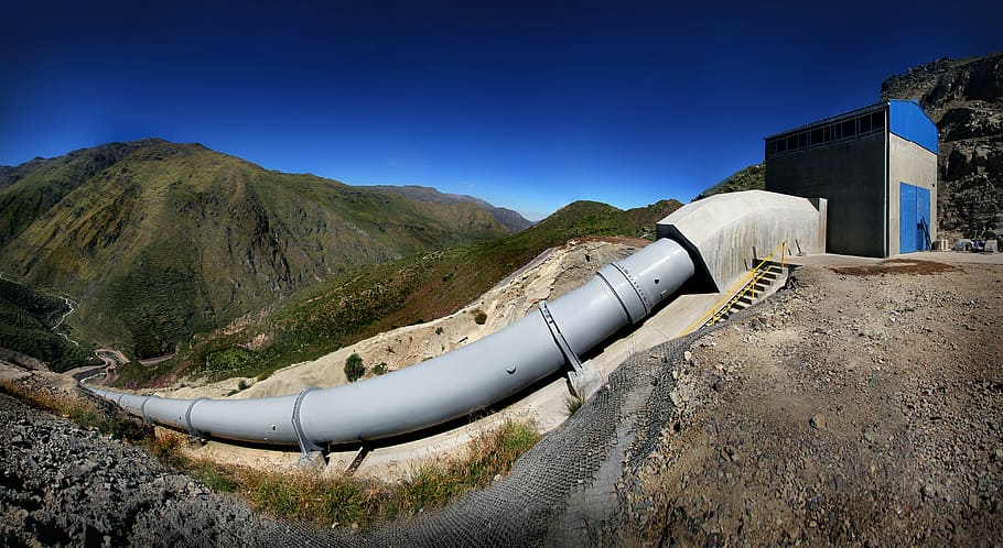 gray, water pipe, mountain, pipe, hydroelectric power station, huanza, peru, water dam, dredge, power plant