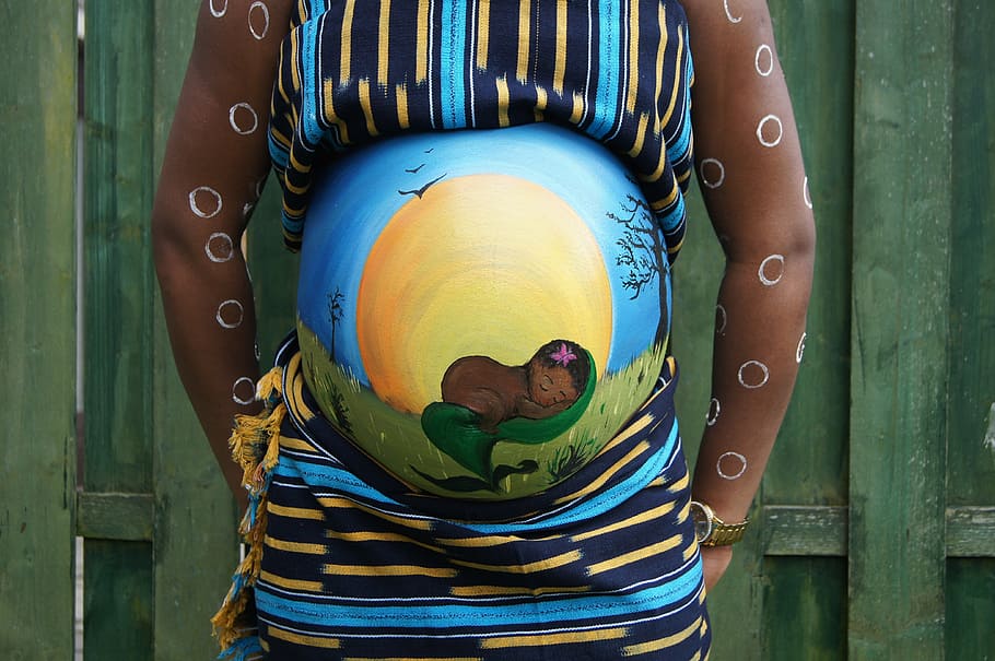 mujeres, multicolor, stiped, top, pintura del vientre, bebé, embarazada, áfrica, personas, día