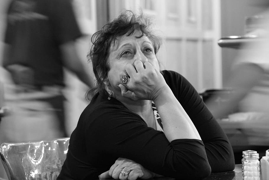 grayscale photo, woman, sad, crying, thinking, old, people, depression, depressiveness, mood