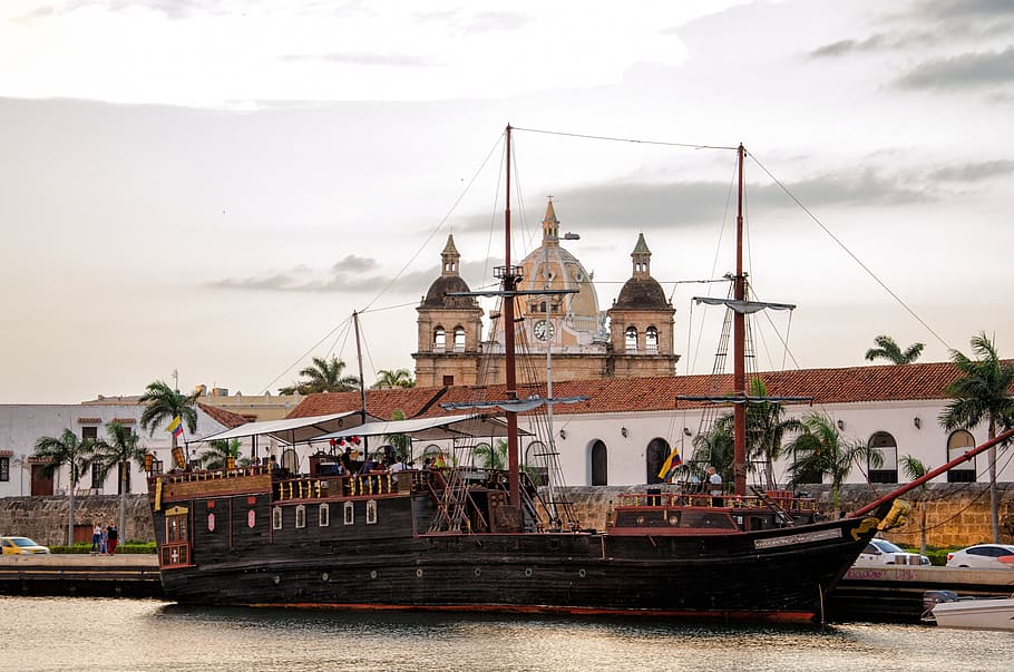 barco galeón negro, Colombia, el Caribe, Cartagena, barco, bota, vela, velero, puerto, puerto deportivo