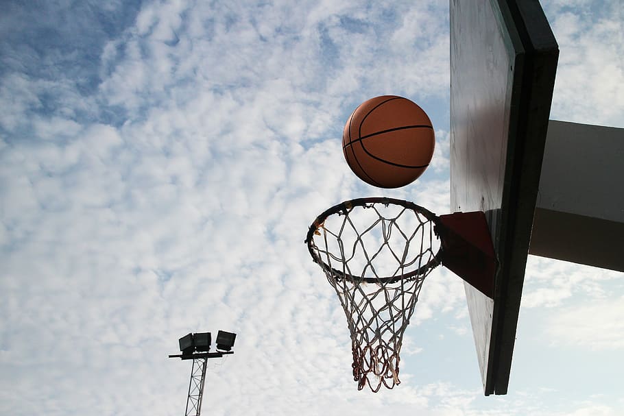 white, basketball system, cloudy, skies, basketball, circle, throw, sports, outdoor, basket