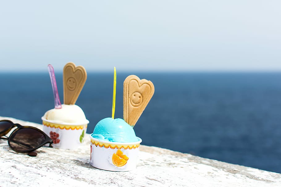 sorvete de smurf, mar, Smurf, sorvete, à beira-mar, sobremesa, Malta, fora, verão, praia
