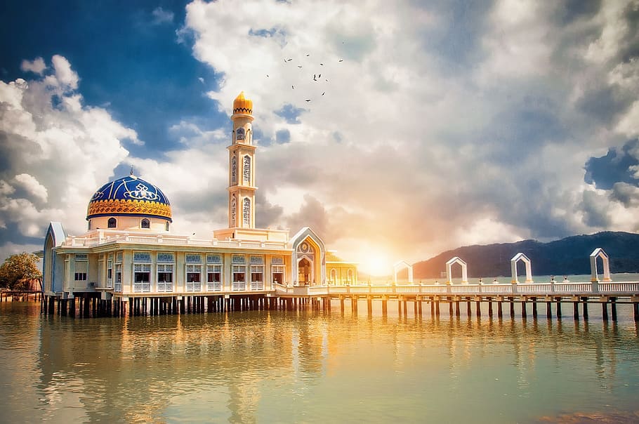 tourist hot spots, panorama, into the sky, mosque, building, landscape, architecture, sky, sea, loyalty