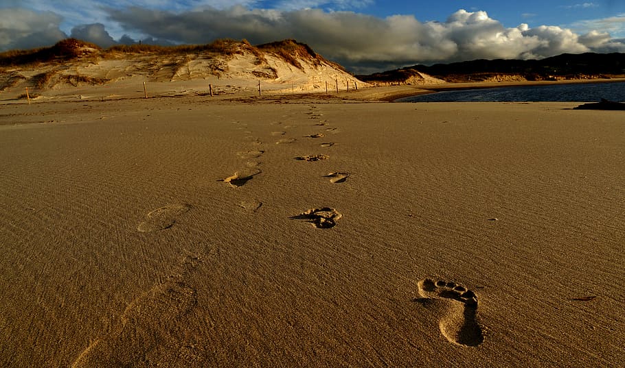 Footprints, sand, seashore and gray clouds, land, footprint, desert, tranquility, cloud - sky, nature, remote