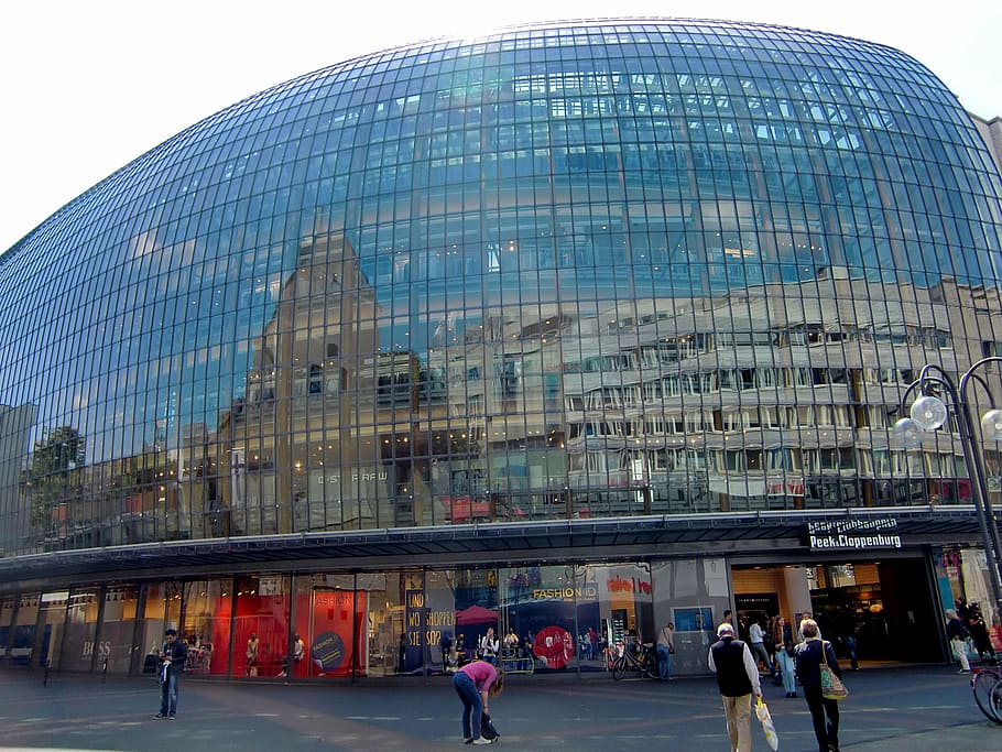architecture, glass, cologne, building, window, modern, facade, shopping center, mirroring, reflection