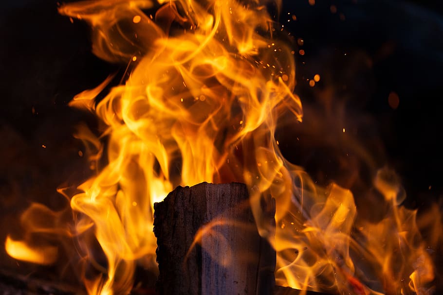 camp, fire, sparks, wood, nature, hot, flames, orange, yellow, night
