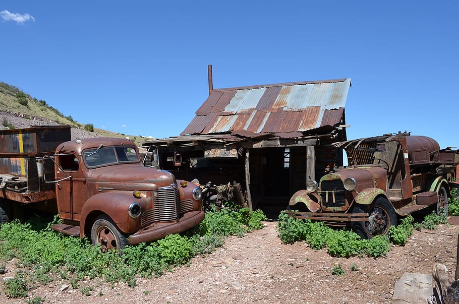 two, brown, rusty, classic, cars, classic cars, jerome, arizona, copper, ghost