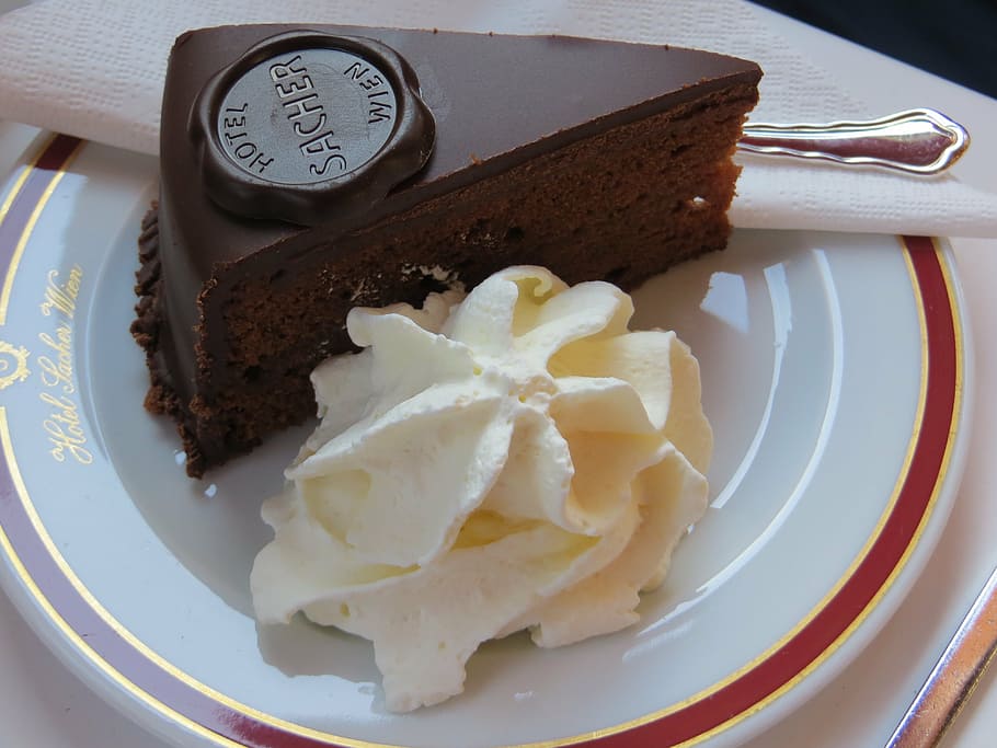 closeup, sliced, chocolate cake, cream, ceramic, plate, sacher cake, vienna, cake, pastry shop