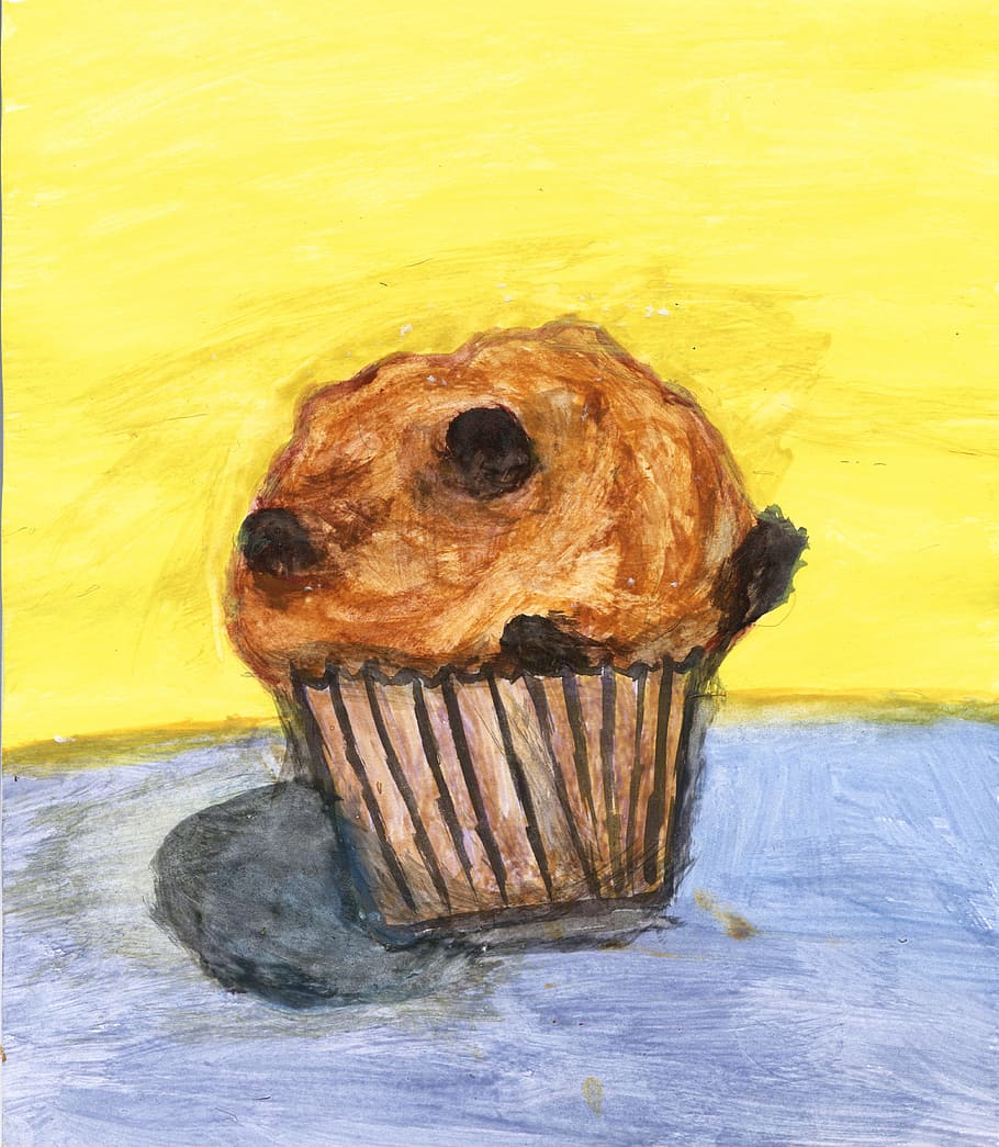 Muffin, Chocolate, Painting, Dessert, cupcake, cake, food, sweet, snack, bakery