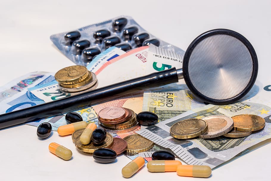 medication pills, black, gray, Drug, Pills, Tablets, Stethoscope, bank note, coins, euro