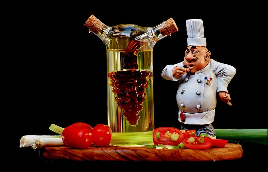 cooking, figure, vinegar, oil, tomatoes, onions, spring onions, food, bottle, healthy