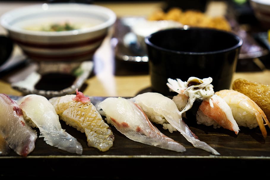assorted, sushi, served, brown, plate, fish, sashimi, food, seafood, japanese