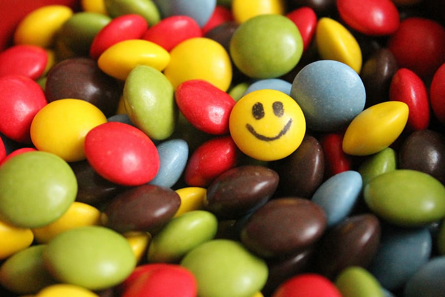 colored, candies, yellow, emoji candy, Emoji, candy, lucky charm, smiley, smarties, tablets