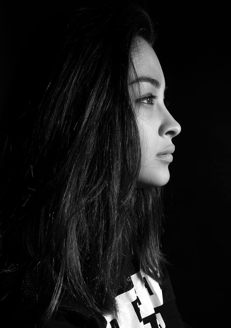 grayscale photo, woman, side view, portrait photography, profile, face, one, nose, light, lady