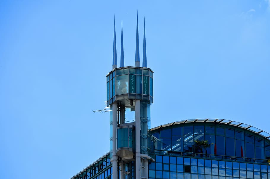 skyscraper, elevator, city, hotel, tower, pointed, sky, blue, kempten, bavaria