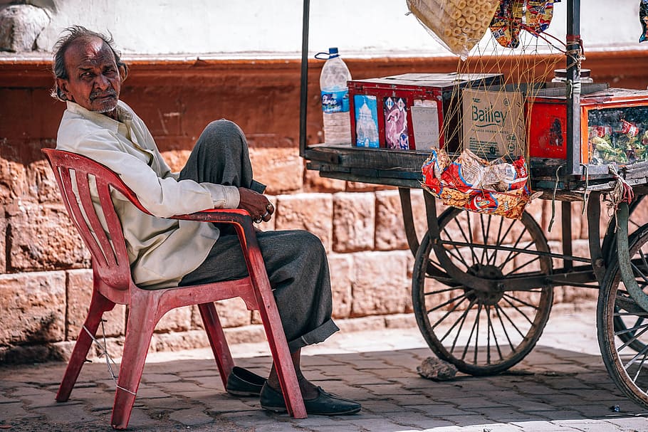 man, white, dress shirt, sitting, cart, food, street, indian, india, people