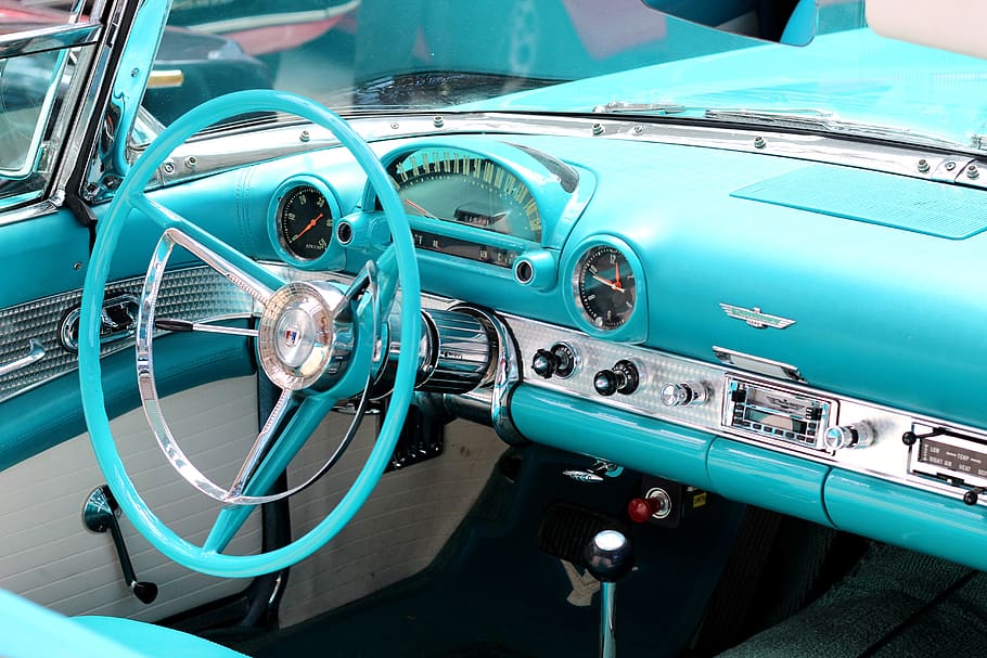 Ford Thunderbird, tablero de instrumentos, azul claro, coche clásico, modo de transporte, transporte, automóvil, vehículo terrestre, vehículo de motor, estilo retro