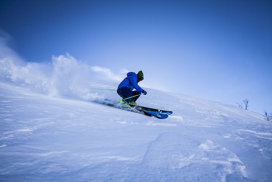 person, riding, snow skis, covered, mountain, snow, winter, white, cold, weather