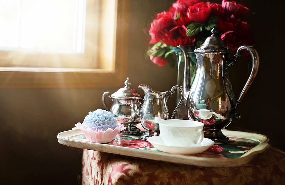 bandeja, prata, branco, teaset, janela, jogo de chá de prata, bule de chá, chá, conjunto, tradicional