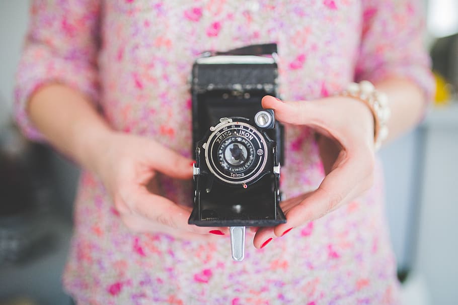 old analog camera, Old, Analog Camera, analog, camera, technology, camera - Photographic Equipment, women, holding, one Person