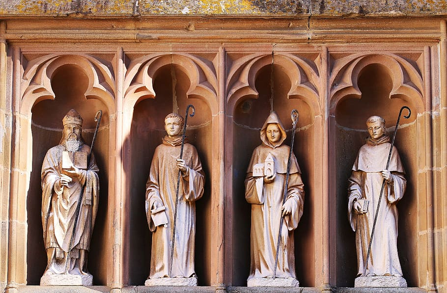 four, concrete, statues, figurengruppe, stone figures, mariawald, monastery, abbey, trappists, religion