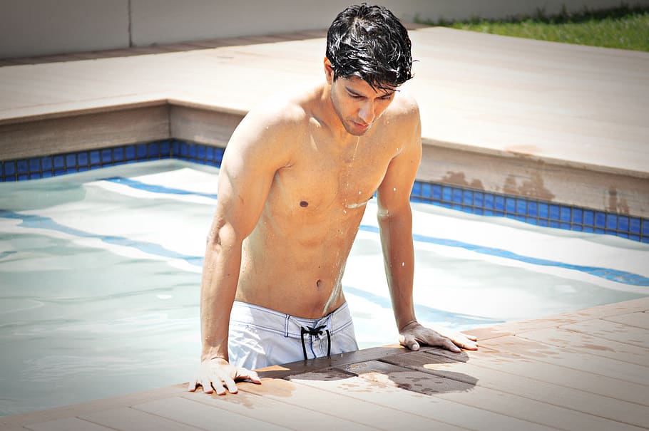 fit, pool, abs, guy, black hair, fitness, swimming, summer, lifestyle, healthy