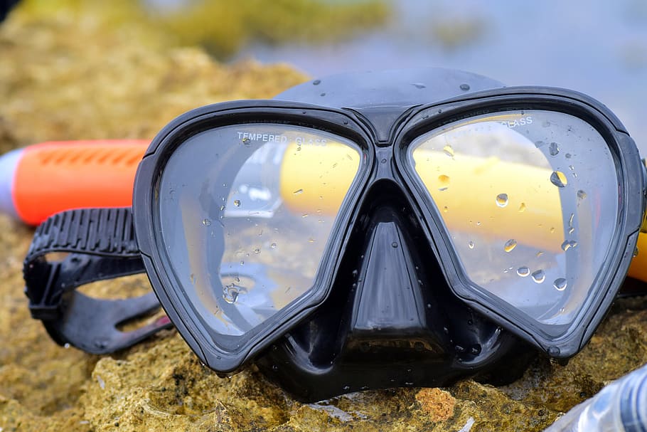 black diving goggles, Diving Mask, Nature, Sea, diving, snorkel, wet, glasses, close, diving equipment