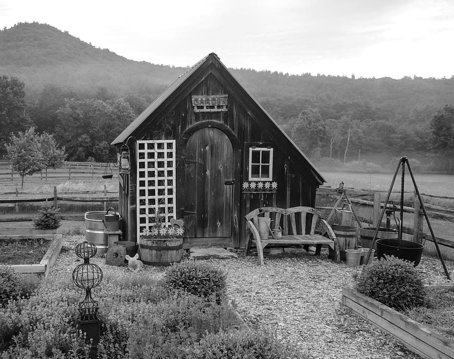 garden shed, country, gardening, rural, wooden, outdoor, green, farm, old, rustic