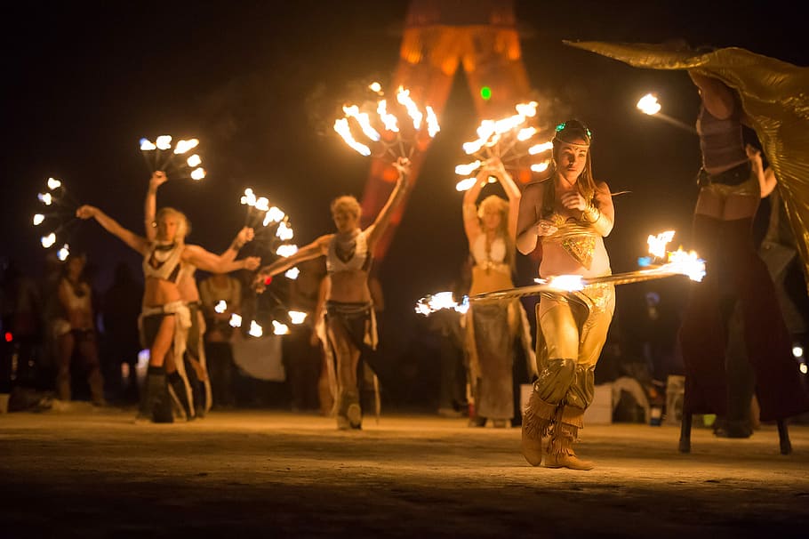 Artists, Fire Dancer, Artistic, fire, woman, dancer, hot, large group of people, night, human arm