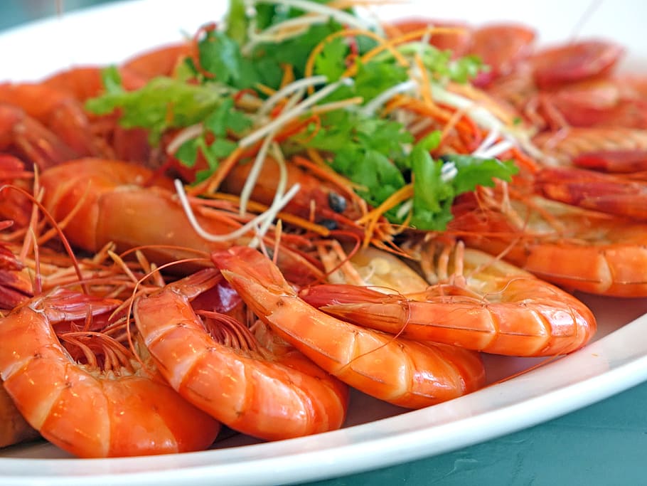stewed, shrimps, white, ceramic, platter, prawns, steamed, seafood, restaurant, fresh
