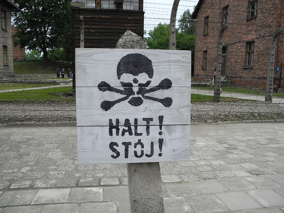 concentration camp, poland, blackboard, stop, headstand, halt, auschwitz, sign, communication, architecture