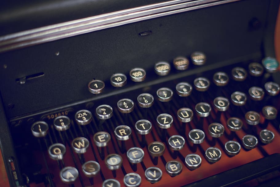 máquina de escribir negra, máquina de escribir, llaves, escritor, letras, mecánicamente, viejo, teclado, licencia, retro