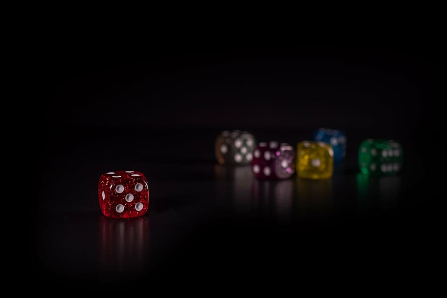 red, die, separated, multi-color dice, bokeh photography, cube, gambling, play, light, glass cube