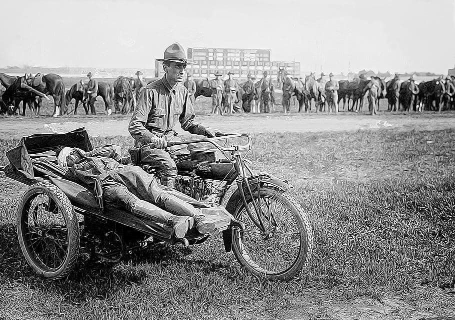soldiers, motorcycle, military, vintage, army, ambulance, wounded, mammal, domestic animals, transportation