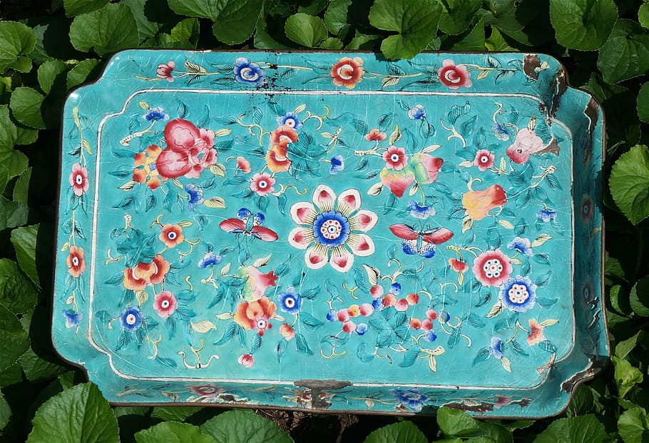 Antique, Tray, Old, antique tray, decoration, enameled, turquoise, rose, flowers, butterflies
