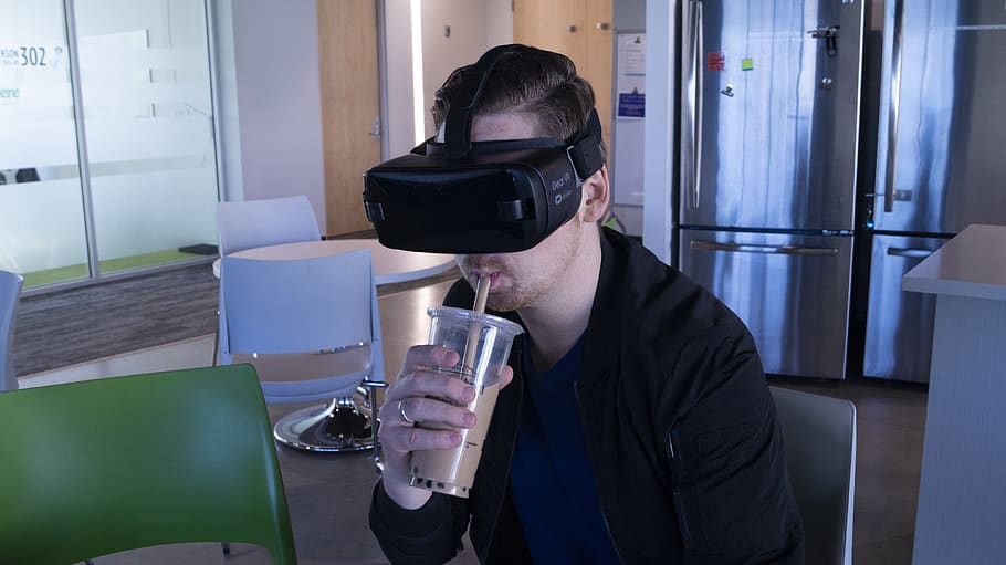 vr, virtual reality, man, technology, blue shirt, hmd, headset, oculus, goggles, futuristic