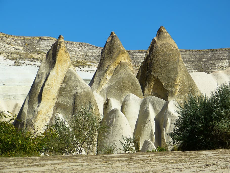 three, pyramid rocks landmark, daytime, tufa, rock formations, landscape, rock, erosion, cappadocia, turkey