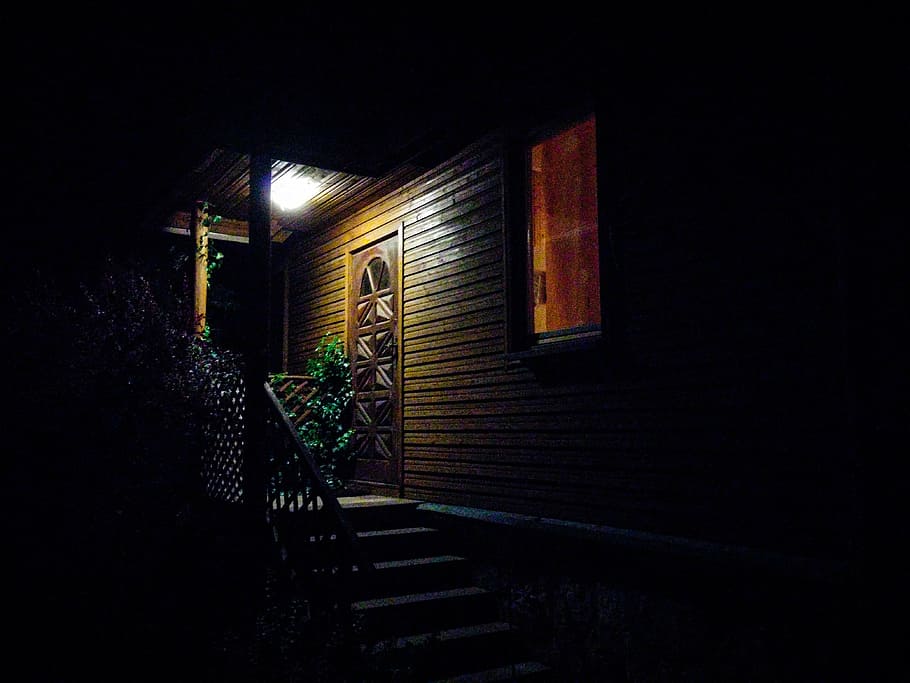 terraza, noche, luz, escaleras, casa, madera, ruido, sombra, la puerta, entrada