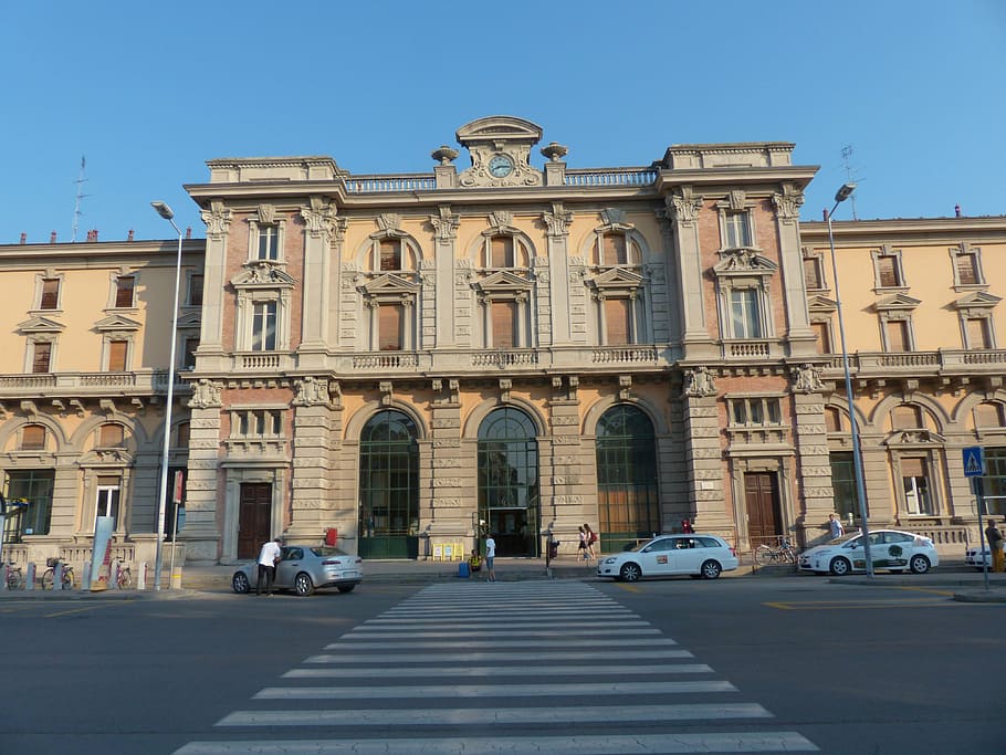 cuneo, railway station, home, zebra crossing, road, autos, large, stone, input, architecture