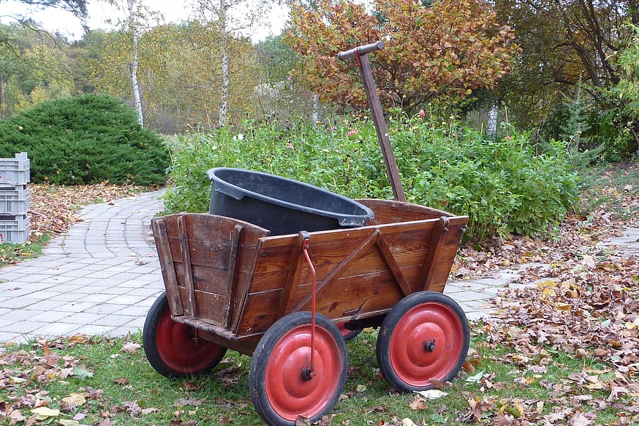 stroller, gardening, handcart, garden tools, cannon cars, dare, carry, gardener, wooden cart, together