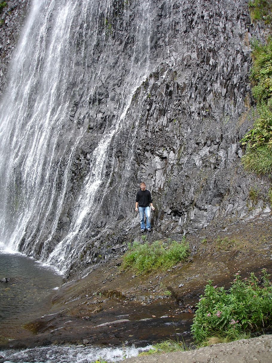 Cascade, Du, Waterfall, Person, cascade du ray pic, visitors, man, tourist, ardeche, france