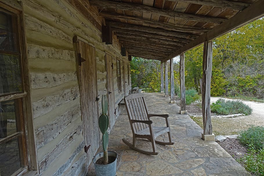 perspective, covered porch, rocking chair, stone floor, antique, vintage, house, aged, log cabin, architecture