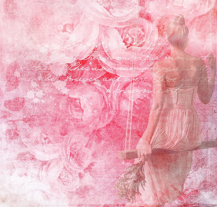 woman, pink, dress, riding, swing, texture, roses, rose texture, flora, background