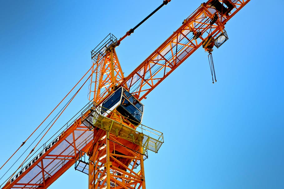 orange tower crane, crane, kranhaus, driver's cab, high baukran, site, grid construction, engineer, technology, metal