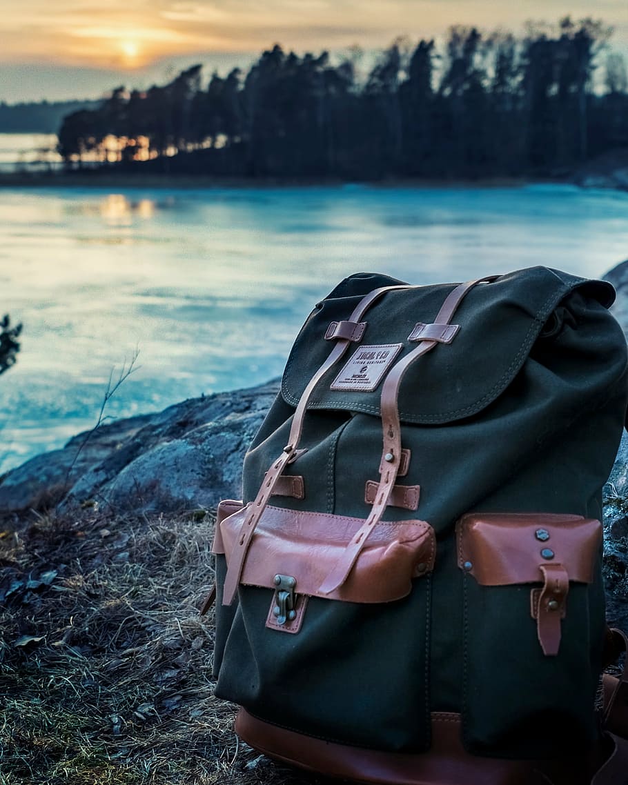 brown, gray, bag, body, water, backpack, travel, outdoor, adventure, rocks