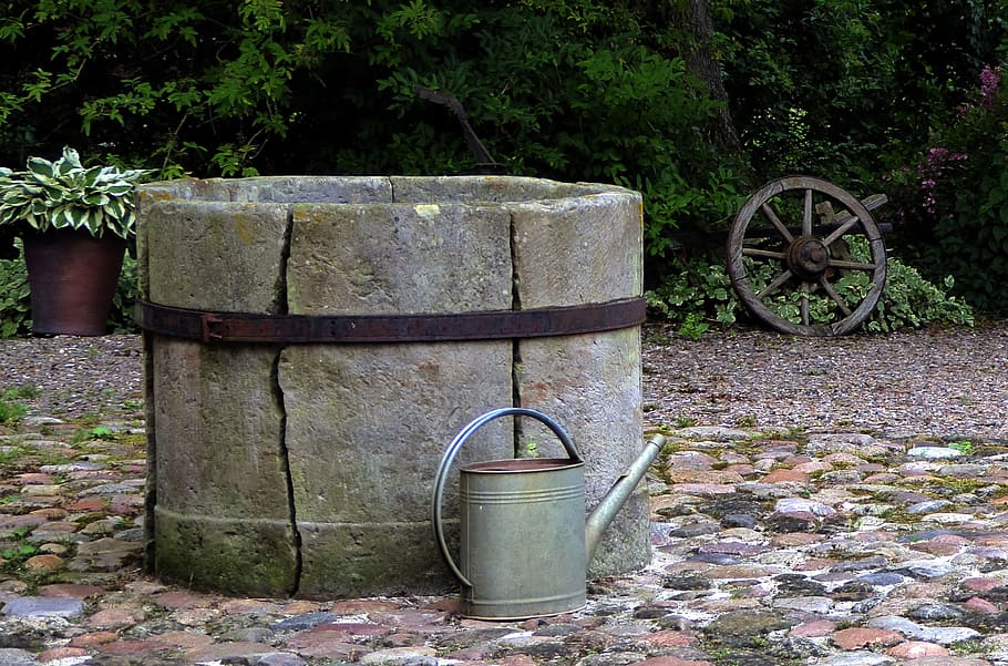Old Well, Wood, Antique, Close, rusty, old watering can, worn, grey, outdoors, day